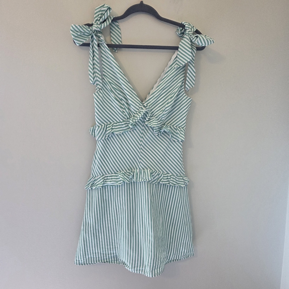 BCBGeneration Green and White Striped V-Neck Tie Shoulder Dress